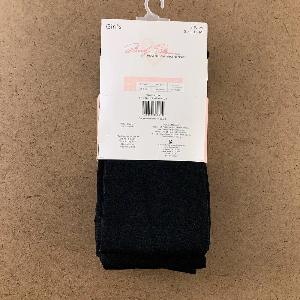 Marilyn Monroe Girls Size 12-14 Black Fleece Lined Footed Tights 2 Pairs NWT